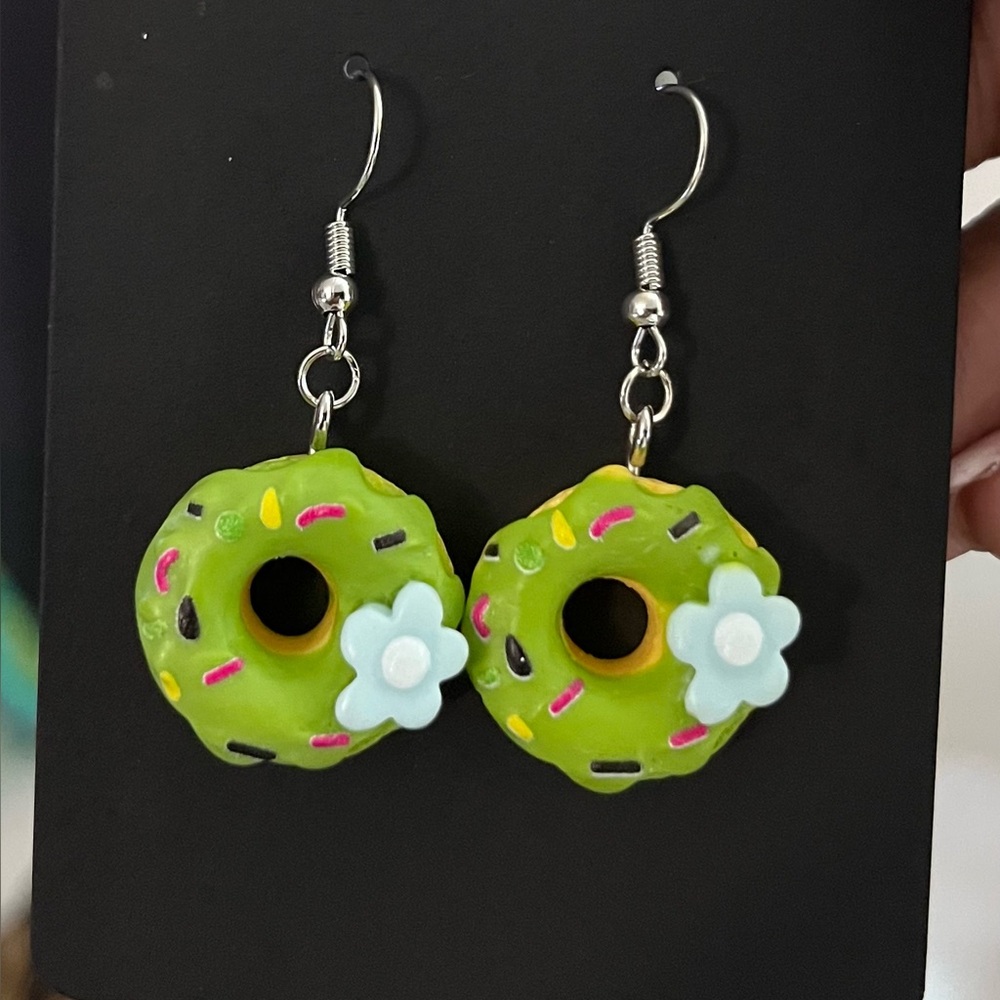 Green Donut Earrings with Floral Accent